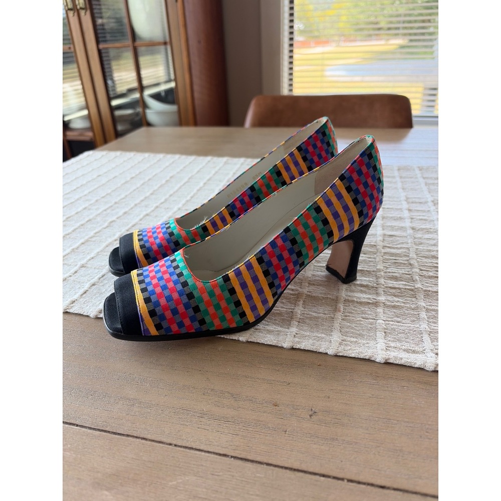Delman Multi Color Woven Peep Toe Pumps Rainbow Block Heel Shoes Womens 6.5M